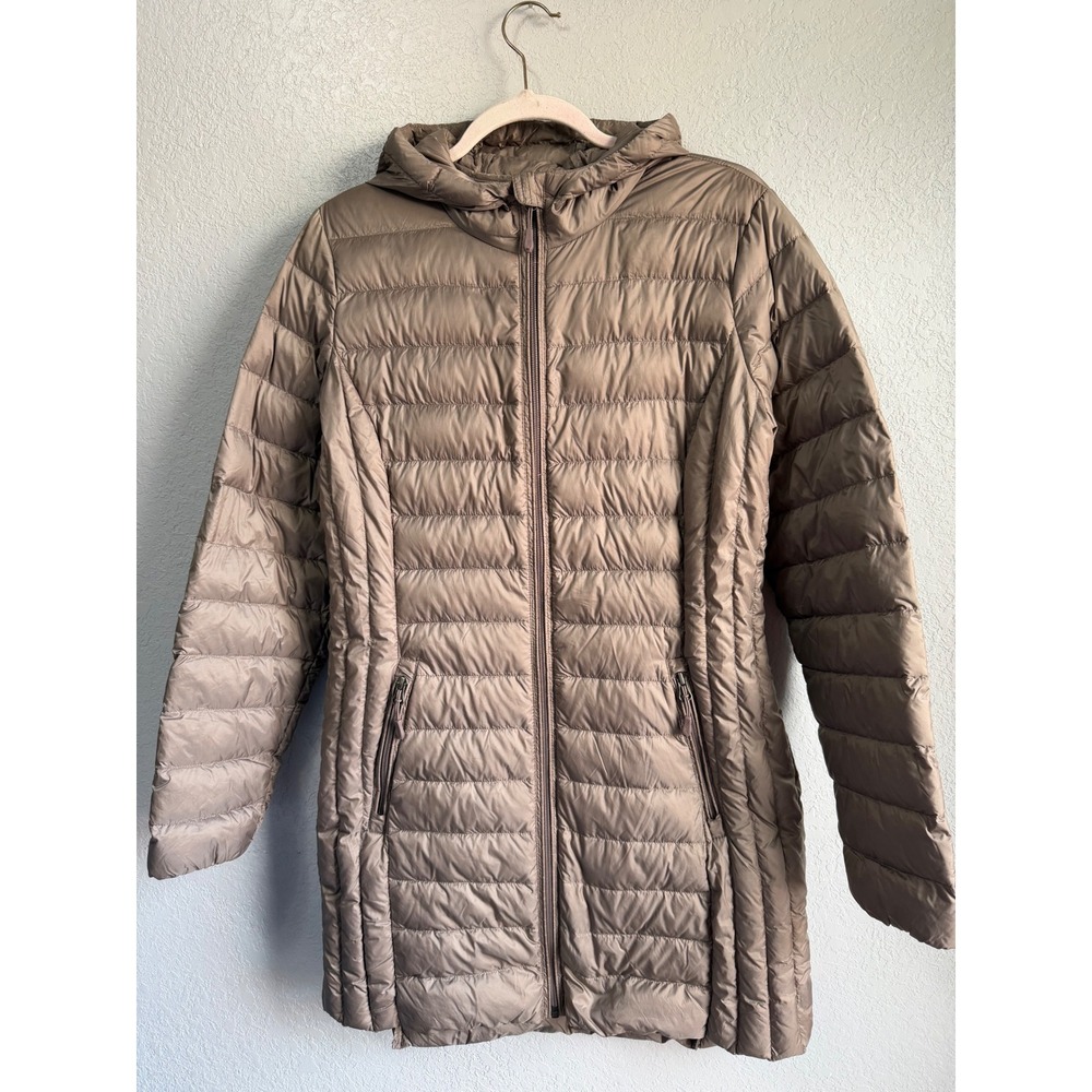 Aventure Womens Down Lightweight Puffer Jacket Hooded Mid Length Taupe/Bronze M